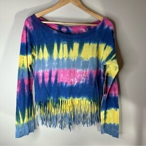 So Nikki Tie Dye Shirt Long Sleeve Cropped Fringe Tassels Festival Boho Hippie S